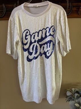 Why Dress - White Sequin "Game Day" T-Shirt Dress with Blue Script